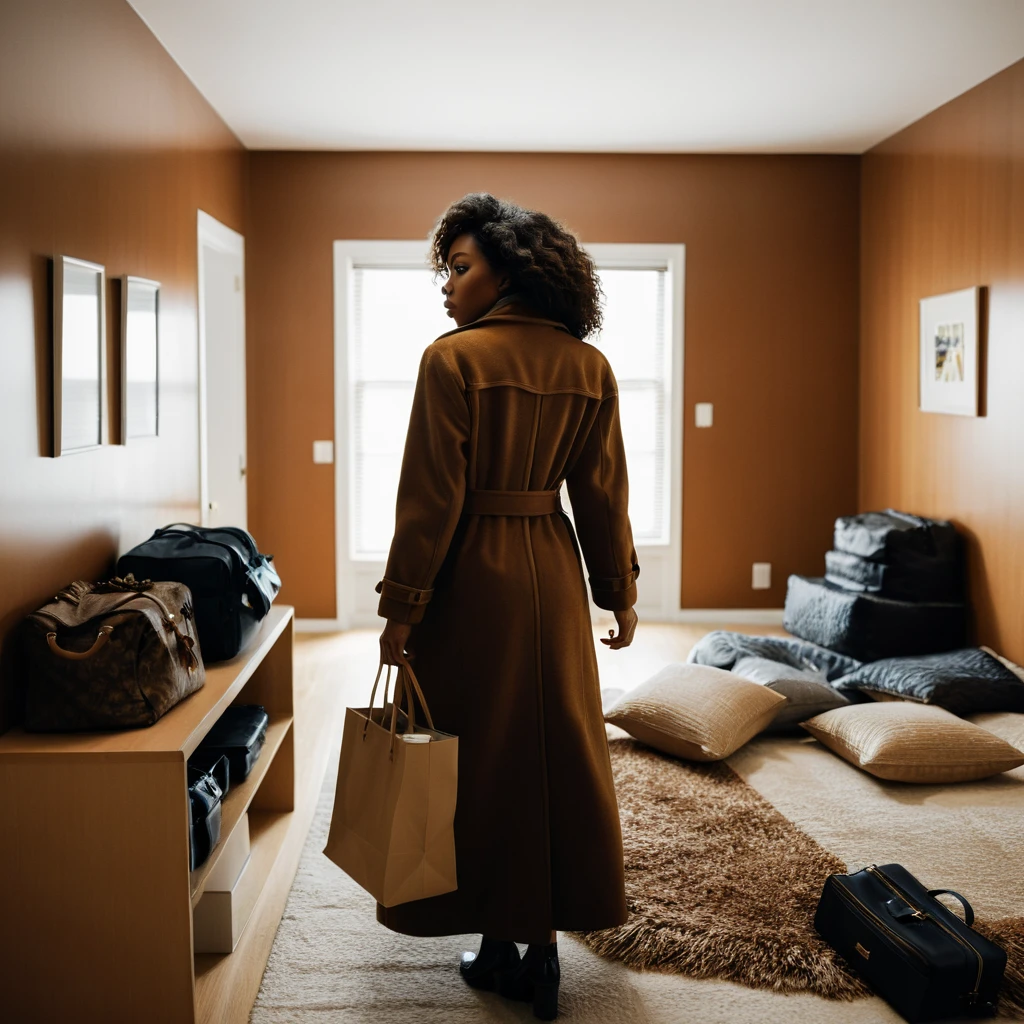 back shot of a stylish African American woman in a lowing, floor-length rich brown coat with a high collar, reminiscent of the 1970s fashion, flowing waves hair, packing her bags, in her bed room. The camera captures the emotional turmoil, the conflicted emotions, and the sense of uncertainty. Capture the essence of 1970s Motown era, (gaussian blur:1.1) (high key photo masterpiece:1.2) raw photo, (film grain:1.3), depth field, bokeh, Best quality, masterpiece, ultra high res, (photorealistic:1.4), (smooth light:1.4), photorealistic, cinematic lighting, volumetric lighting, highly detailed and intricate