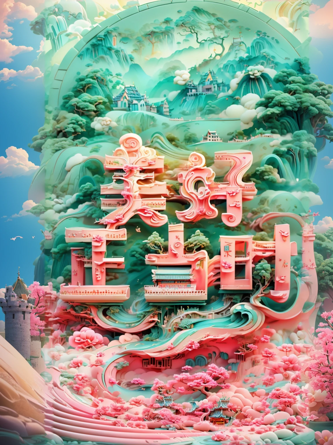 Simple backgroumd,green theme,2H style,(castle:1.5),chinese landscape,(peach blossom tree:1.2),peach blossom,(plant:1.2),butterfly,bird,high building,spring atmosphere,blue sky,ancient building,(xiangyun:1.2),white clouds,naturalscenery,greemplants,natural landscape,(mountains and flowing water),whimsical,depth of field,magical light effects,chinese style,art poster,best quality,masterpiece,8k,3D,ultra-exquisite,ultra-detailed,High details,super detailed,beautiful wallpapers,