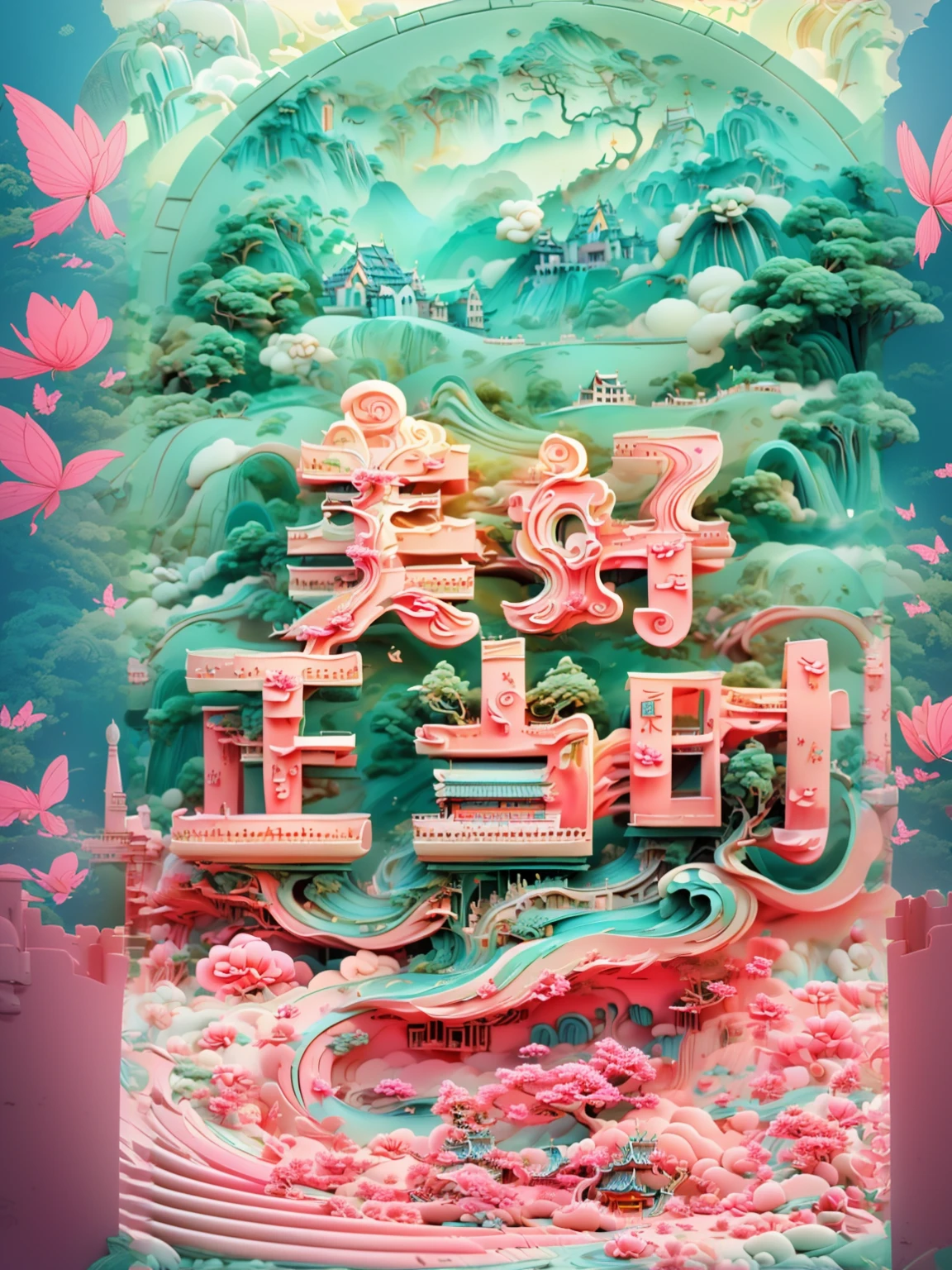 Simple backgroumd,green theme,2H style,(castle:1.5),chinese landscape,(peach blossom tree:1.2),peach blossom,(plant:1.2),butterfly,bird,high building,spring atmosphere,blue sky,ancient building,(xiangyun:1.2),white clouds,naturalscenery,greemplants,natural landscape,(mountains and flowing water),whimsical,depth of field,magical light effects,chinese style,art poster,best quality,masterpiece,8k,3D,ultra-exquisite,ultra-detailed,High details,super detailed,beautiful wallpapers,