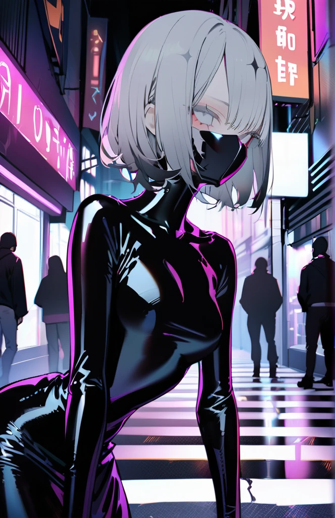 1 girl, alone, short hair,Black Hair,Looking at the audience,Mouth closed, Grey Hair, Gray eyes,(Black Mask),Black jersey, Neon Street.eyelash, Compensate,eyeliner,Landmine Makeup, Wavy Hair,masterpiece,Very detailed