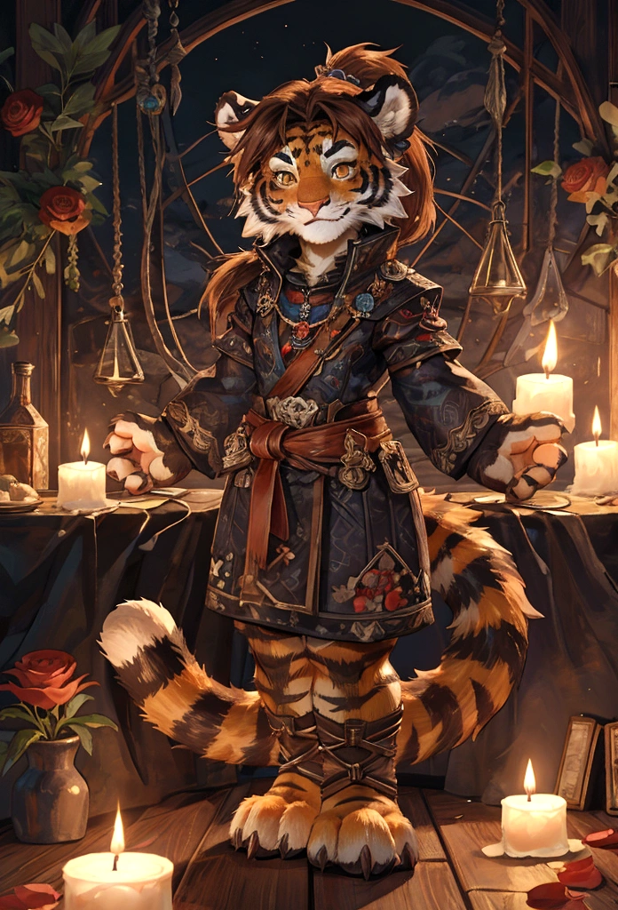 (4fingers), small_round_ears, small_panda_ears, pandaren, world_of_warcraft, furry, anthropomorphic, fluffy_tail, foxtail, cfemale, claws, red_panda, tiger_stripes, tiger_face, flat_chested, teen, teenager, amber_eyes, (pupils), (tiger_legs), black_left_foot, white_right_foot, (four_fingers), waist_long_ponytail, brown_hair, ((three_toes)), ((3toes)), ((detailed_eyes)), ((detailed_face)), detailed_hands, holding a rose, smiling,