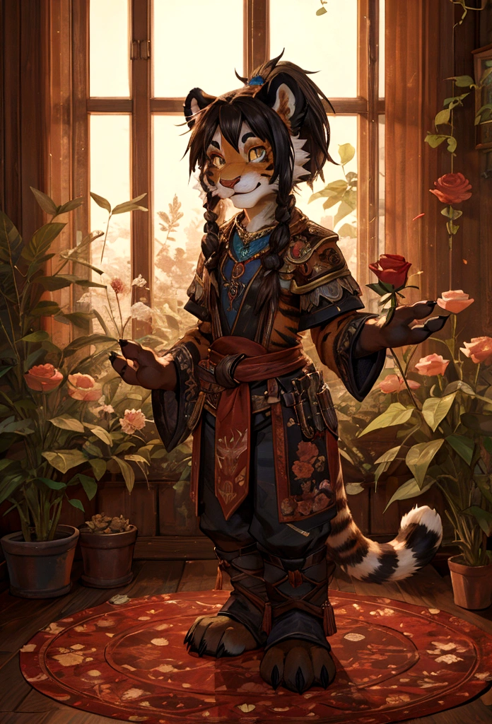 (4fingers), small_round_ears, small_panda_ears, pandaren, world_of_warcraft, furry, anthropomorphic, fluffy_tail, foxtail, cfemale, claws, red_panda, tiger_stripes, tiger_face, flat_chested, , teenager, amber_eyes, (pupils), (tiger_legs), black_left_foot, white_right_foot, (four_fingers), waist_long_ponytail, brown_hair, ((three_toes)), ((3toes)), ((detailed_eyes)), ((detailed_face)), detailed_hands, holding a rose, smiling,