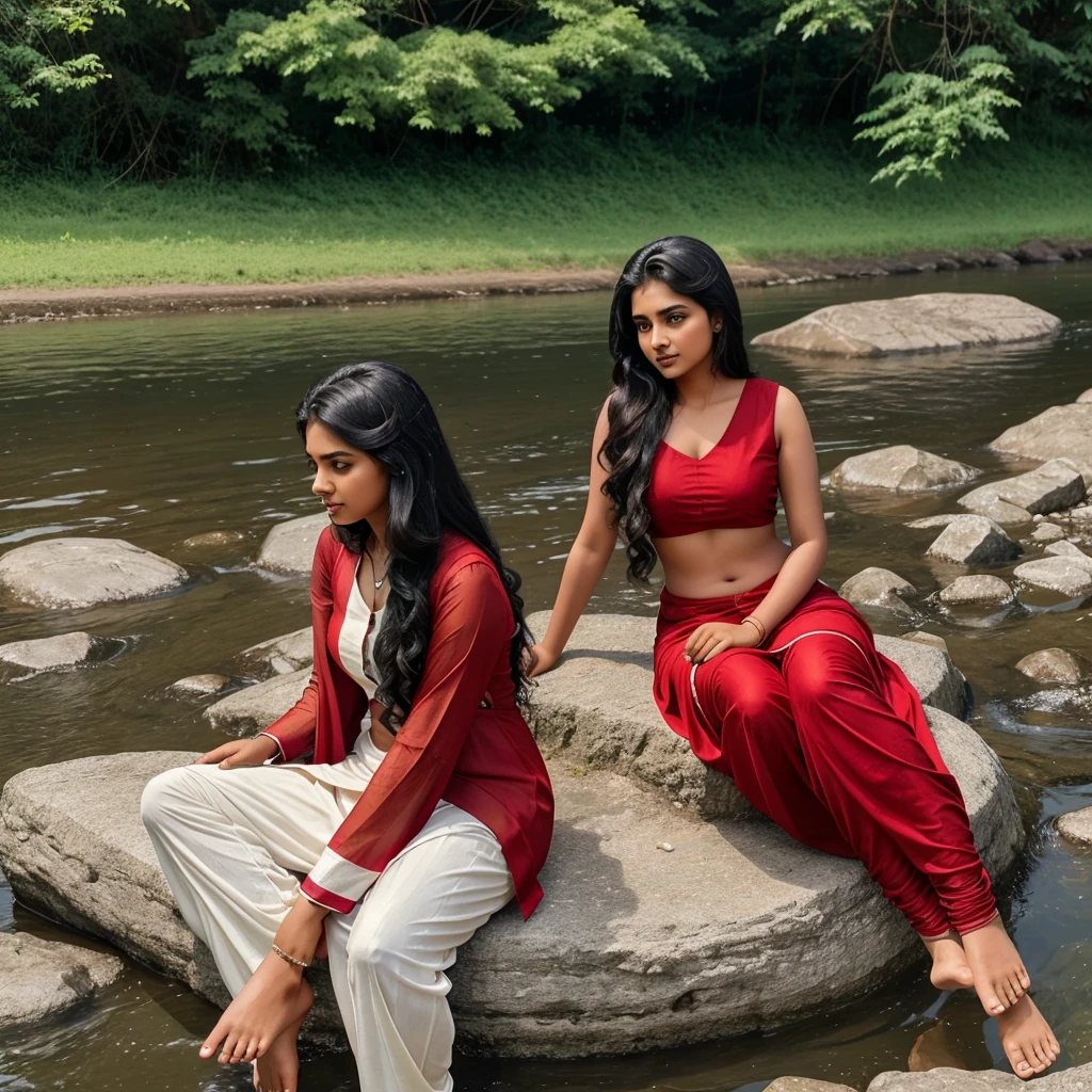 In evening time, Indian brown girl (single girl) age of 21 with black tied hair in red suit and white salwar with red dupatta sitting down tree on the bank of river and a boy of 21 yr on other side of same river looking to girl.