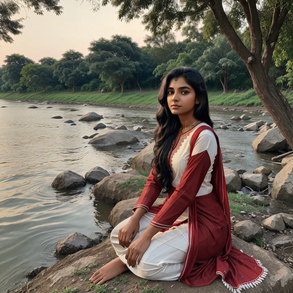 In evening time, Indian brown girl (single girl) age of 21 with black tied hair in red suit and white  salwar with red dupatta sitting down tree on the bank of river and a boy of 21 yr on other side of same river looking to girl.  