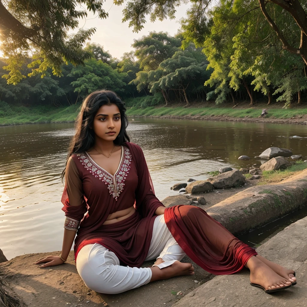In evening time, Indian brown girl (single girl) age of 21 with black tied hair in red suit and white salwar with red dupatta sitting down tree on the bank of river and a boy of 21 yr on other side of same river looking to girl.