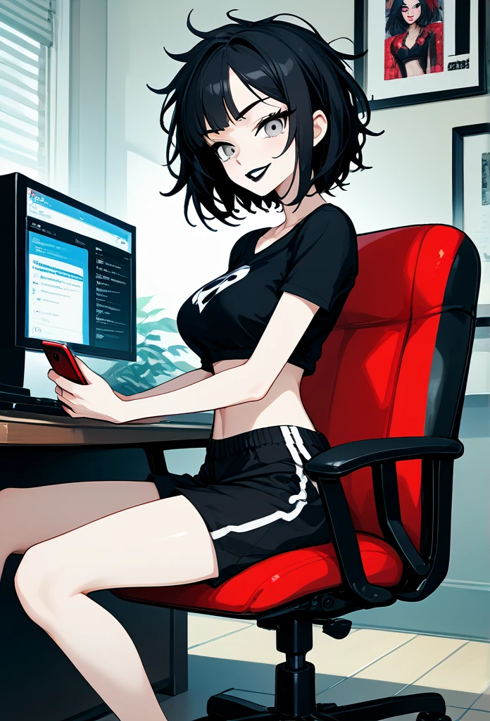 mature woman, goth, hot face, black lipstick, tongue out, teasing expression, seductive grin, hot face, (sharp eyes), gray eyes, short hair, messy hair, black hair, slim body, medium breast, short pants, hot pants, black clothes, midriff, sitting down, (sitting on rolling chair, sitting in front of a computer, flat schreen computer), crossing legs, (holding phone), view from side, side view, living room