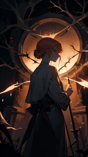 Angels, dim light, orange light, candle light, haunting, White wings, mysterious, shadows overlay, briar, thorns, sadness