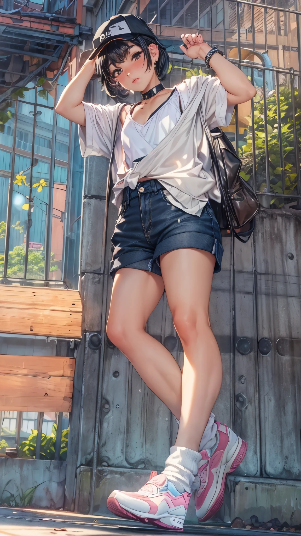"best quality,ultra-detailed,((background:outside the park1,8)),(one boy),(full body),portraits,((sissy boy,tomboy,FemBoy,trap1,8)),((bulge1.8)),(natural makeup),sitting,black choker,necklace,earrings,(baseball cap),(short black hair),boy's face,boys body,((nose-blush)),((nervous)),(camisole),((t-back denim shorts)),((loose socks)),((sneaker)),vibrant colors,soft lighting"