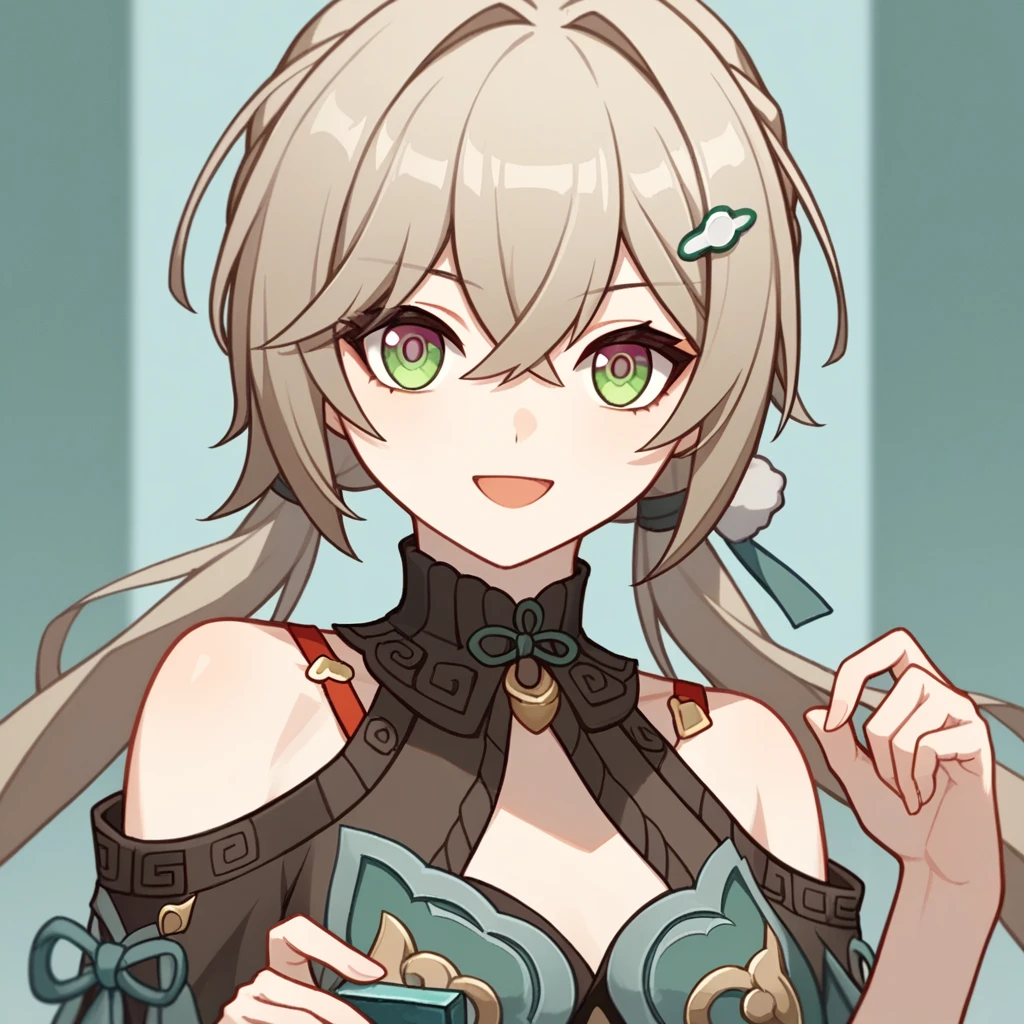 qingque_\(honkai:_star_rail\), 1girl, green_eyes, hairclip, long_hair, brown_hair, hair_between_eyes, bare_shoulders, low_twintails, shoulder_cutout, long_sleeves, green_dress, mahjong_tile