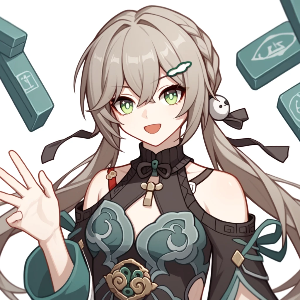 qingque_\(honkai:_star_rail\), 1girl, green_eyes, hairclip, long_hair, brown_hair, hair_between_eyes, bare_shoulders, low_twintails, shoulder_cutout, long_sleeves, green_dress, mahjong_tile
 