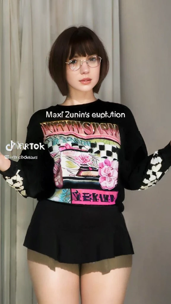 A short-haired girl, red shirt, black skirt, detailed face, beautiful eyes, mature and serious expression, alone, indoor setting, natural lighting, photorealistic, 8k, high quality, detailed skin, detailed clothing, realistic, intricate details, sharp focus, warm color tones, soft shadows, elegant composition, glasses.