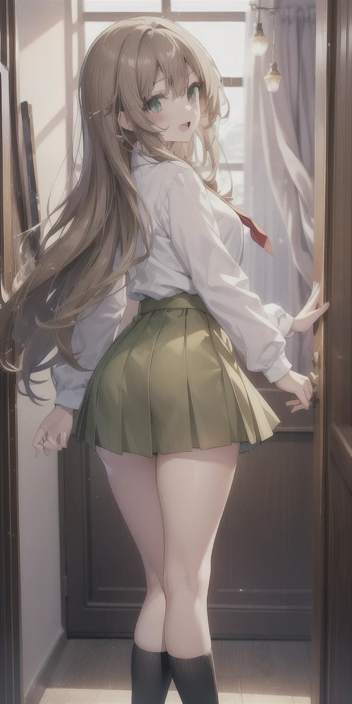 ((masterpiece)), ((best quality)), ((anime profile style)), ((HD 4k)), ((female character)), ((High school girl)), ((Body cute)) , girl, female face, Happy, smiling, open mouth, teeth showing, unkempt lips, ((tanned skin)), brunette, ((Light green eyes)), Eyelid, Pupil, Sclera, Iris, eyebrow , eyelashes , ear, nose, ((fur)), ((long brown hair)), ((hairlights effect)), ((niigata school uniform)), (tights), school shoe, ((effect of lights on clothing)), ((lights effect on body)), neck, shoulders, (thin waist), ((perfect tummy)), arms, ((thick legs)), ((big thigh)), History of Background, ((walking)), details in environment, surrounding objects, ((lighting)), viewer view, up skirt
