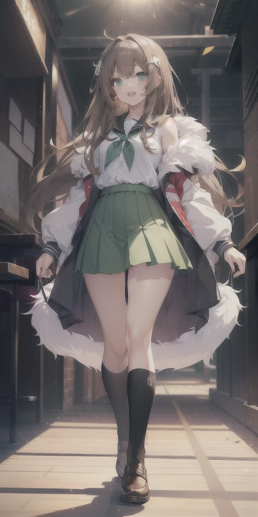 ((masterpiece)), ((best quality)), ((anime profile style)), ((HD 4k)), ((female character)), ((High school girl)), ((Body cute)) , girl, female face, Happy, smiling, open mouth, teeth showing, unkempt lips, ((tanned skin)), brunette, ((Light green eyes)), Eyelid, Pupil, Sclera, Iris, eyebrow , eyelashes , ear, nose, ((fur)), ((long brown hair)), ((hairlights effect)), ((niigata school uniform)), (tights), school shoe, ((effect of lights on clothing)), ((lights effect on body)), neck, shoulders, (thin waist), ((perfect tummy)), arms, ((thick legs)), ((big thigh)), History of Background, ((walking)), details in environment, surrounding objects, ((lighting)), viewer view, up skirt
