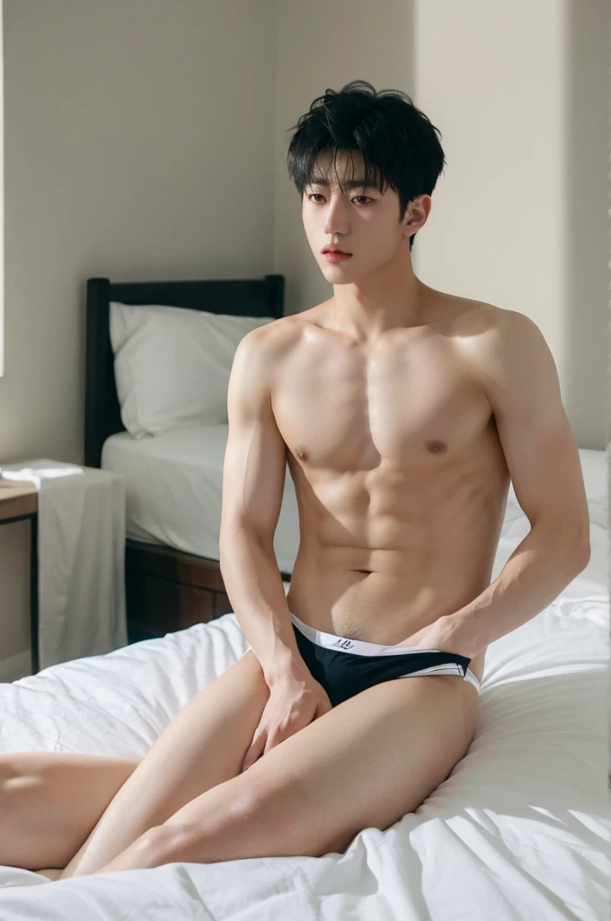 (best quality:1.4), (ultra highres:1.2), (photorealistic:1.4), (8k, RAW photo:1.2), Realistic handsome Japanese guy, 18 years old, with black hair, shirtless, topless, wear jockstrap underwear, briefs, white underwear, bedroom