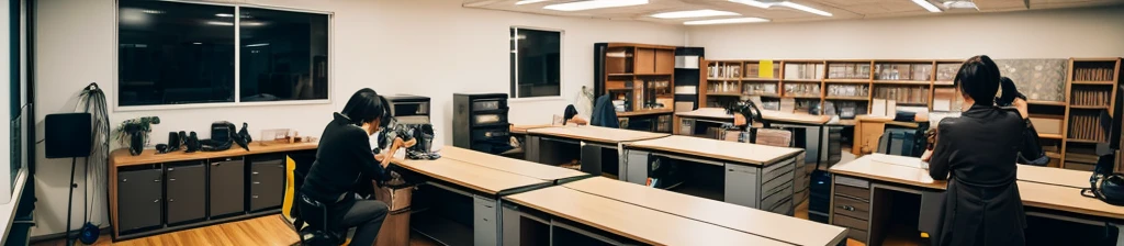 Inside the office, cameras and lenses are lined up on the shelves. A Japanese woman is photographing with a camera and lens at a workbench in the back of the office.