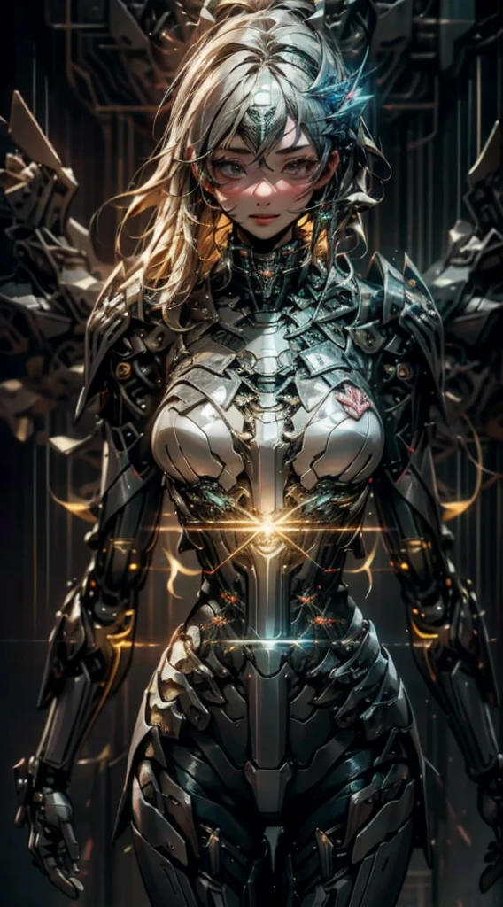 ((best quality)), ((masterpiece)), (Very detailed: 1.3), 3D, Beautiful woman, Huge breasts, Cleavage exposed,pink details, Bikini, Long silver hair, science fiction technology, HDR (High Dynamic Range), Ray tracing, NVIDIA RTX, Super Resolution, Unreal 5, Subsurface scattering, PBR Textures, Post-Processing, Anisotropic filtering, Depth of Field, Maximum Acutance and Acutance, Multi-layer textures, Albedo and Specular Maps, Surface shading, Accurately simulate the interaction of light and matter, Perfect proportion, Octane Rendering, Two-tone lighting, Low ISO, White Balance, Rule of Thirds, Large aperture, 8K Native, High efficiency sub-pixel, Sub-pixel convolution, glowing particles, Light Scattering, Tyndall effect