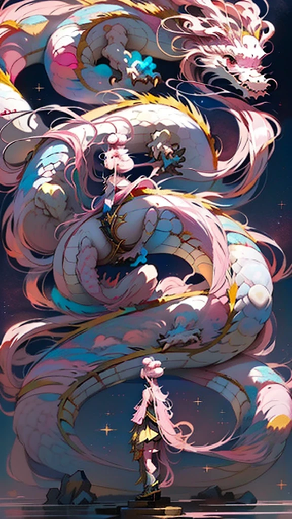 Golden Dragon。Rainbow glowing scales。龍god降臨。Golden Splash、milky way、god々々right、(((Girl standing on the back of a dragon)))、masterpiece, (((highest quality))), (((High resolution))), {Detailed and beautiful eyes}, finely, Detailed and beautiful eyes, (Hair Ribbon:0.4), Pink Eyes,Cinematic Angles,perspective,(((White bun hair))),(((Long pink hair))),whole body,Kunimi Tama、