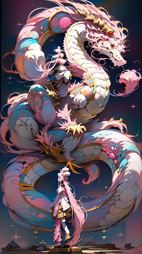 Golden Dragon。Rainbow glowing scales。龍god降臨。Golden Splash、milky way、god々々right、(((Girl standing on the back of a dragon)))、masterpiece, (((highest quality))), (((High resolution))), {Detailed and beautiful eyes}, finely, Detailed and beautiful eyes, (Hair Ribbon:0.4), Pink Eyes,Cinematic Angles,perspective,(((White bun hair))),(((Long pink hair))),whole body,Kunimi Tama、