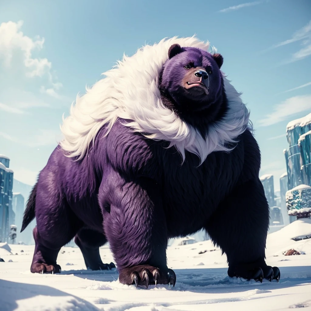 Big Animaly, has purple stripes on his skin, (has long fangs), his body is shaped like a big Bears but his face is like a penguin, Grassroots, Ice background 