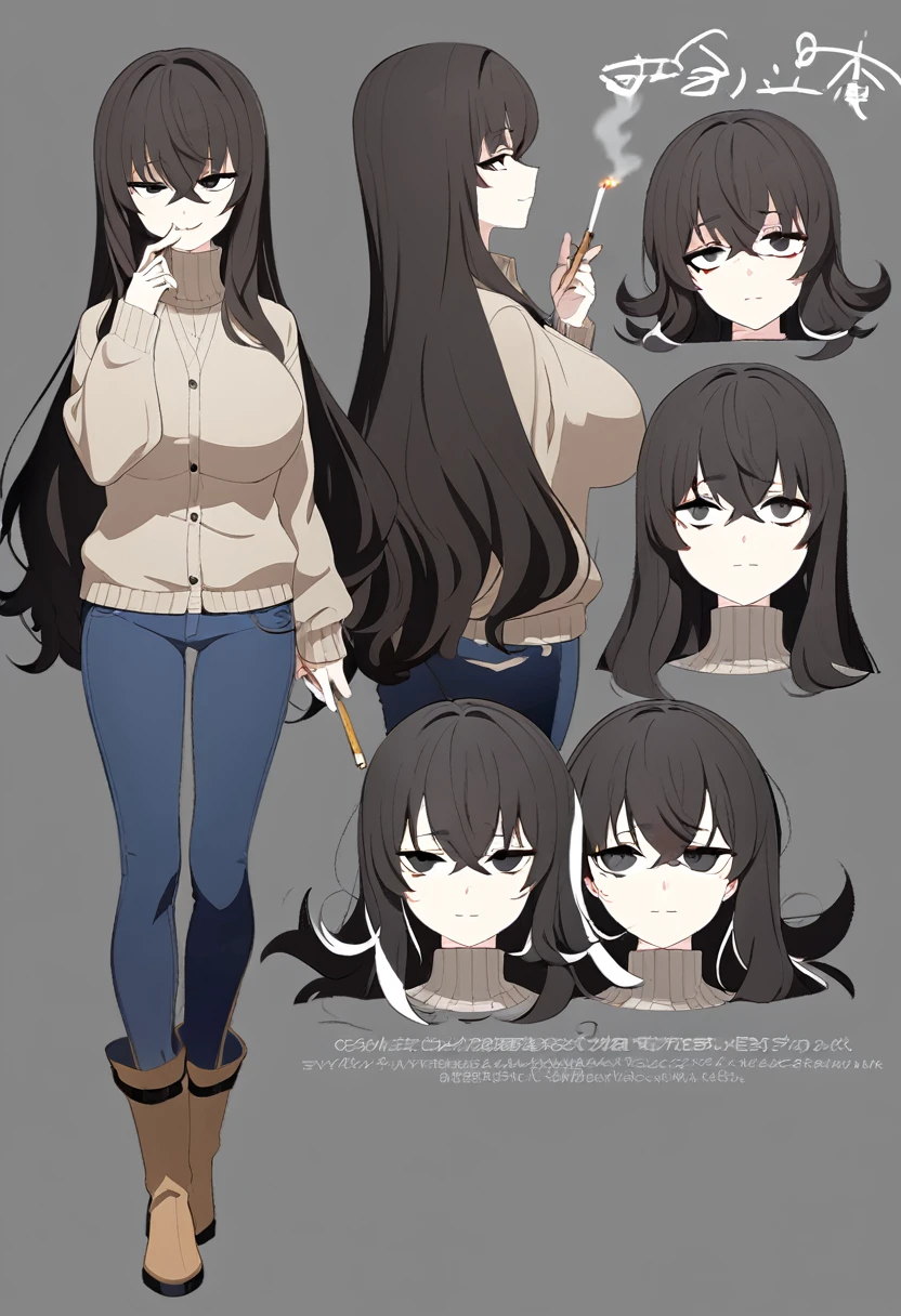 One Woman,Downer,older sister,Concept Art,Dark brown hair,Straight hair with slight inward curls,Staring eyes,Eye Ridge,black eye,Crossed bangs,whole body,smile,Larger breasts,Gray background,Bangs that reach down to the eyes,Messy hair,Tight dark jeans,Brown turtleneck sweater,Multiple views of the same character,Character Design,Dark circles under the eyes,Bad look,Listless,Sloppy,accessories,Cafe staff,Holding a cigarette,whole bodyCharacter Design,Detailed hands,Height: 170cm,boots,Brown cardigan,