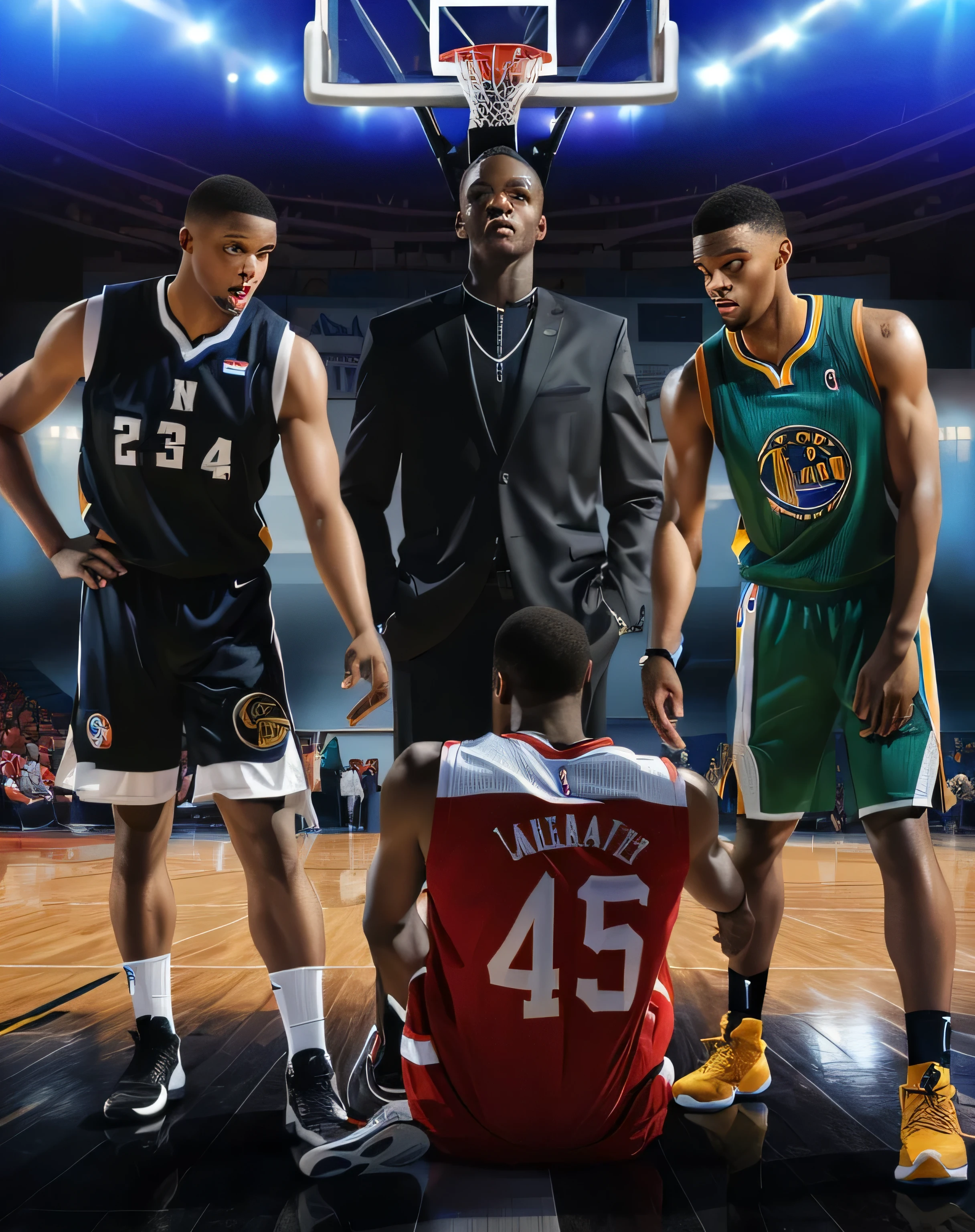three basketball players are standing in a basketball court with a basketball hoop, wearing nba jersey, edited, full body in shot, full-shot, full - shot, cover shot, each wearing correct era clothes, nba, photo render, photo illustration, by John La Gatta, official photos, wearing basketball jersey, inspired by Joze Ciuha, portrait shot, biopic