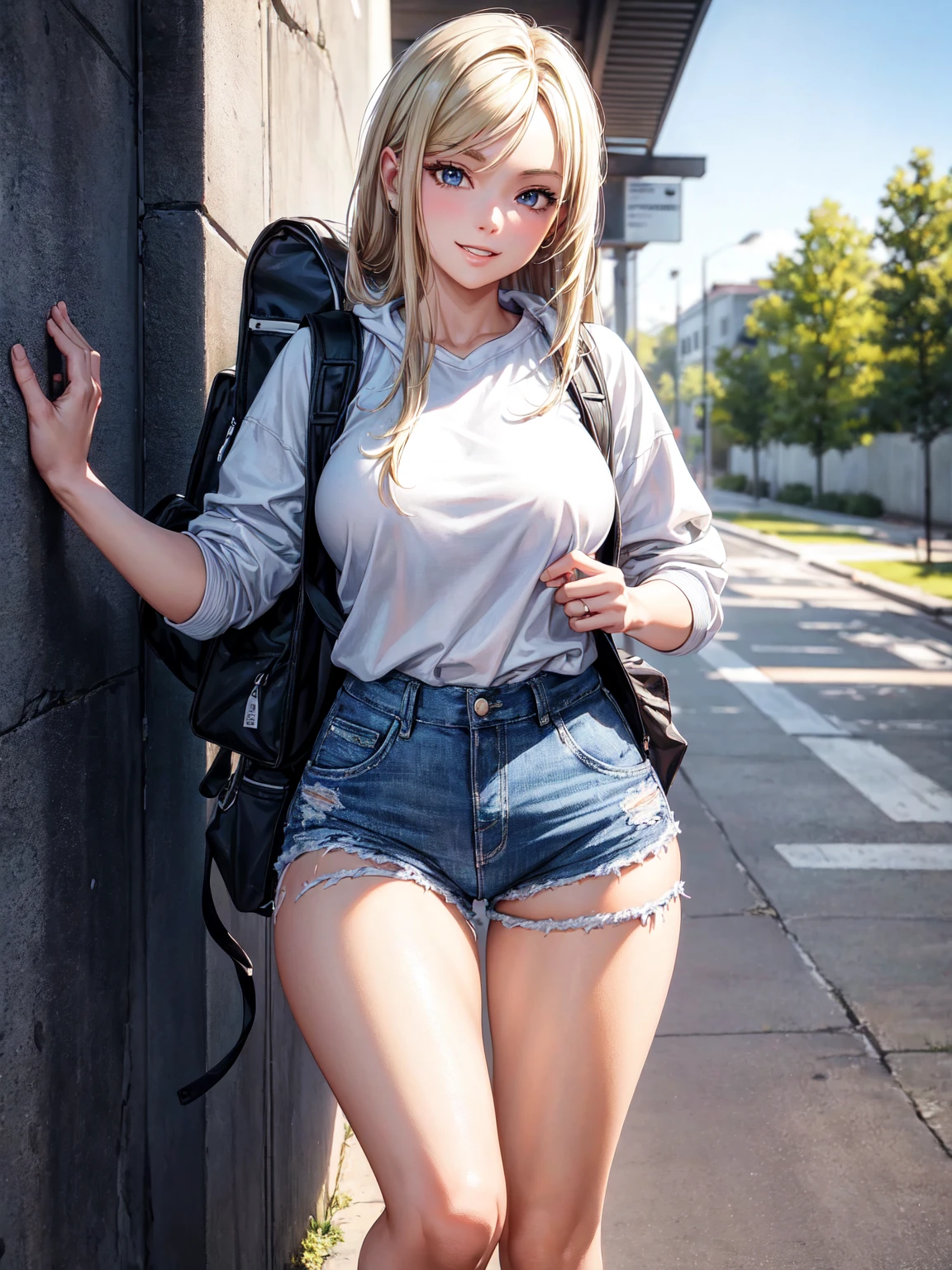 Sexy Western female student, sporty posture, mid-length blond hair, minimal makeup, university hoodie, tight denim shorts, knee-high socks, sneakers, backpack over one shoulder, youthful, standing, leaning against a wall, confident smile, soft ambient lighting, clear skin texture, casual and trendy,Detailed face,detailed eyes,detailed nose,detailed mouth,((UHD,masterpiece,super detail,award winning:1.4,best quality:1.2,highres,high quality)),
