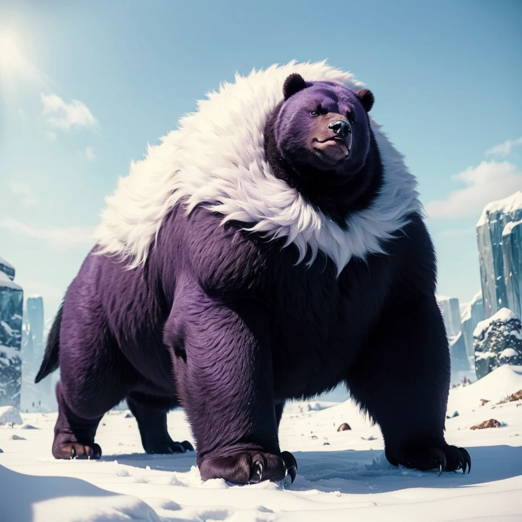 Big Animaly, has purple stripes on his skin, (has long fangs), his body is shaped like a big Bears but his face is like a penguin, Grassroots, Ice background 