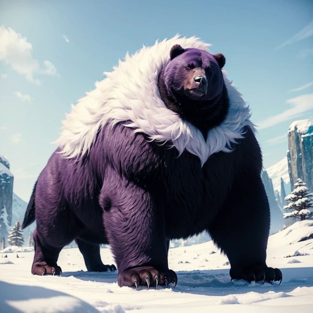 Big Animaly, has purple stripes on his skin, (has long fangs), his body is shaped like a big Bears but his face is like a penguin, Grassroots, Ice background