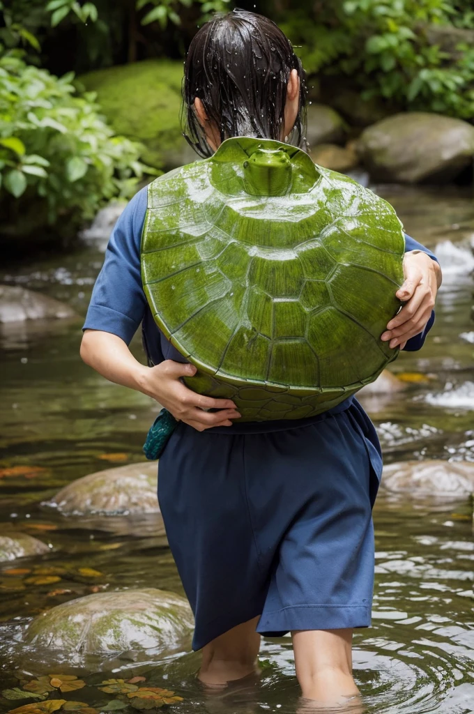 Japanese Yokai、Kappa、Green Skin、Carrying a turtle shell on his back、Dishes on the head、Wet Hairがそれを囲む、There are webs on the hands and feet、Has sharp claws、The background is Japanese rivers and ponds、Overall realistic texture、Carefully drawn down to the last detail、Blending into the natural landscape、Plate on head、Wet Hair
