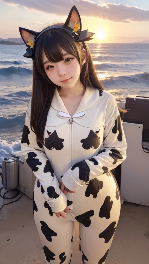 high school girl, (cow pattern suit:1.3), (Cat ears:1.3), (Holding Big cat:1.3), sundown seashore,