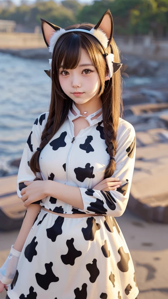 high school girl, (cow pattern suit:1.3), (Cat ears:1.3), (Holding Big cat:1.3), sundown seashore,