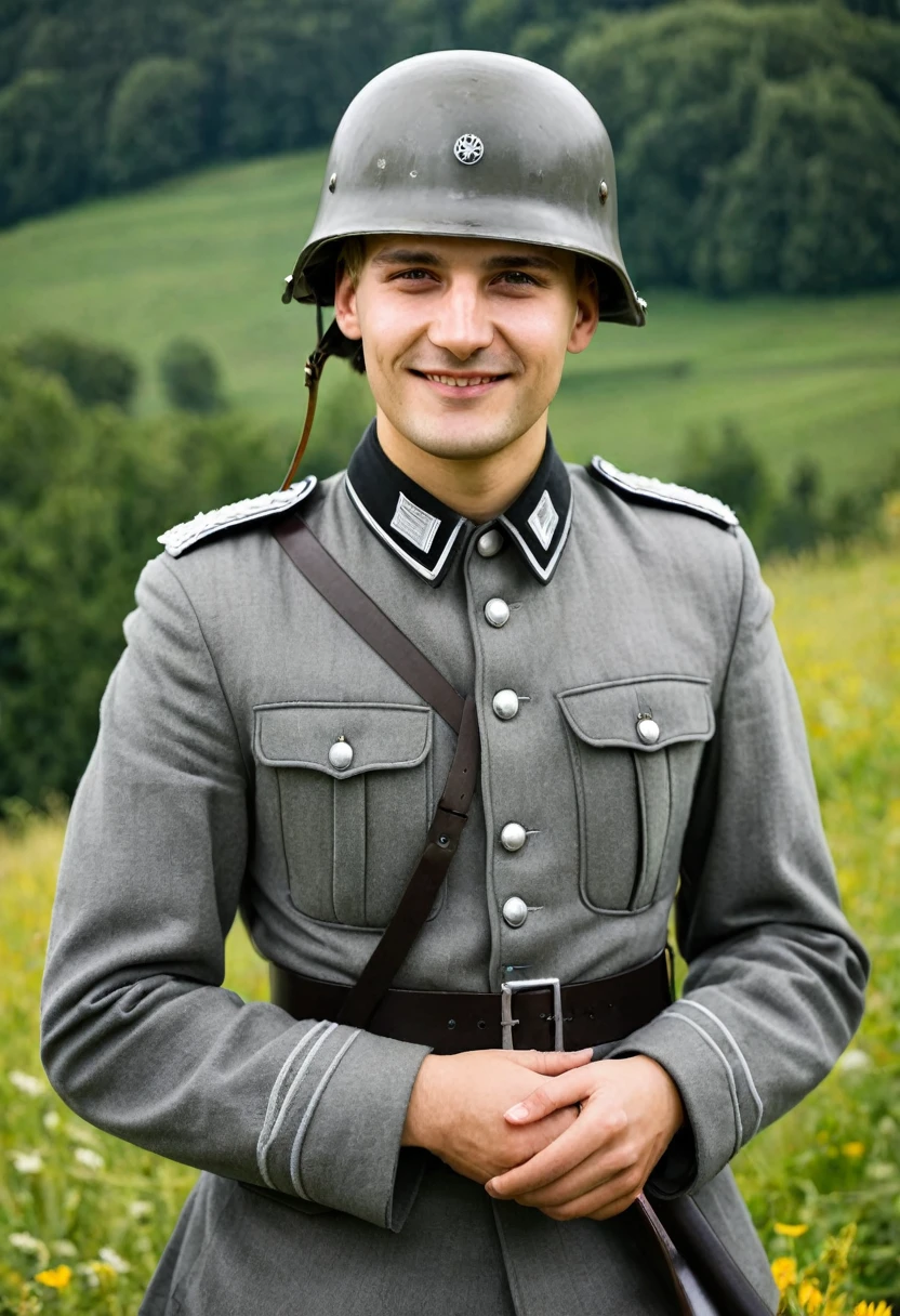 German man wearing grey German military uniform、A friendly German young man wearing a realistic Stahlhelm