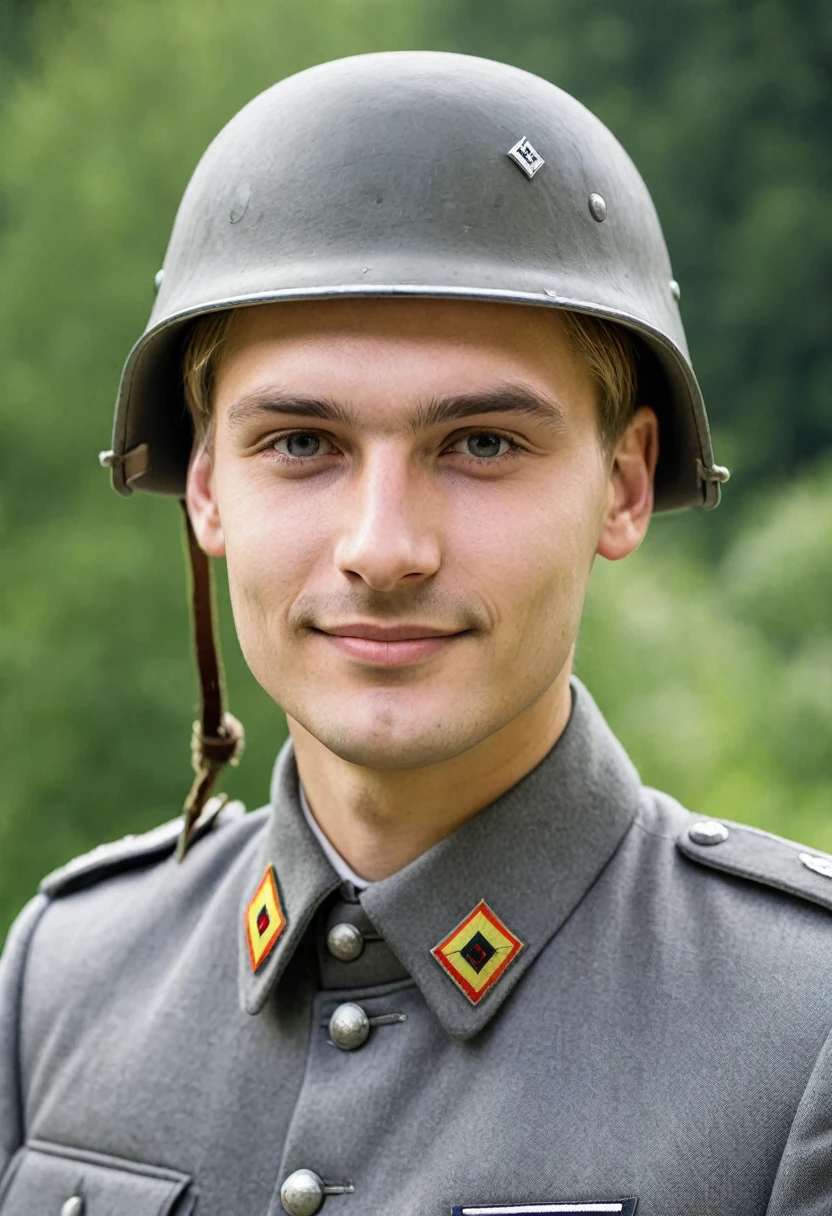 German man wearing grey German military uniform、A friendly German young man wearing a realistic Stahlhelm