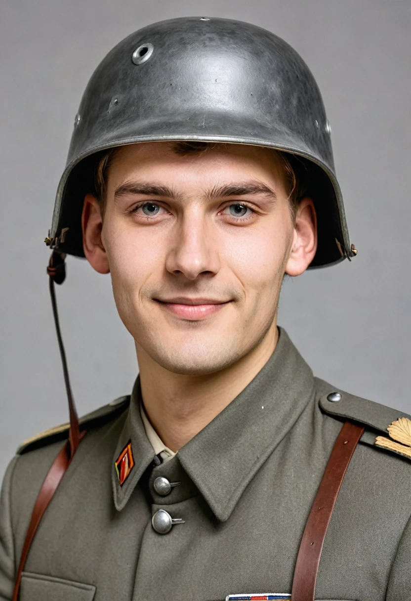 German man wearing grey German military uniform、A friendly German young man wearing a realistic Stahlhelm