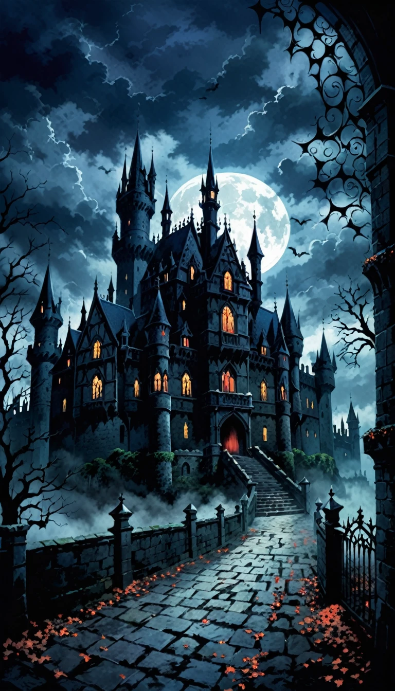 background、A gloomy scene in a horror castle、Gothic style、ダークなイメージのbackgroundの庭、The red moon is out