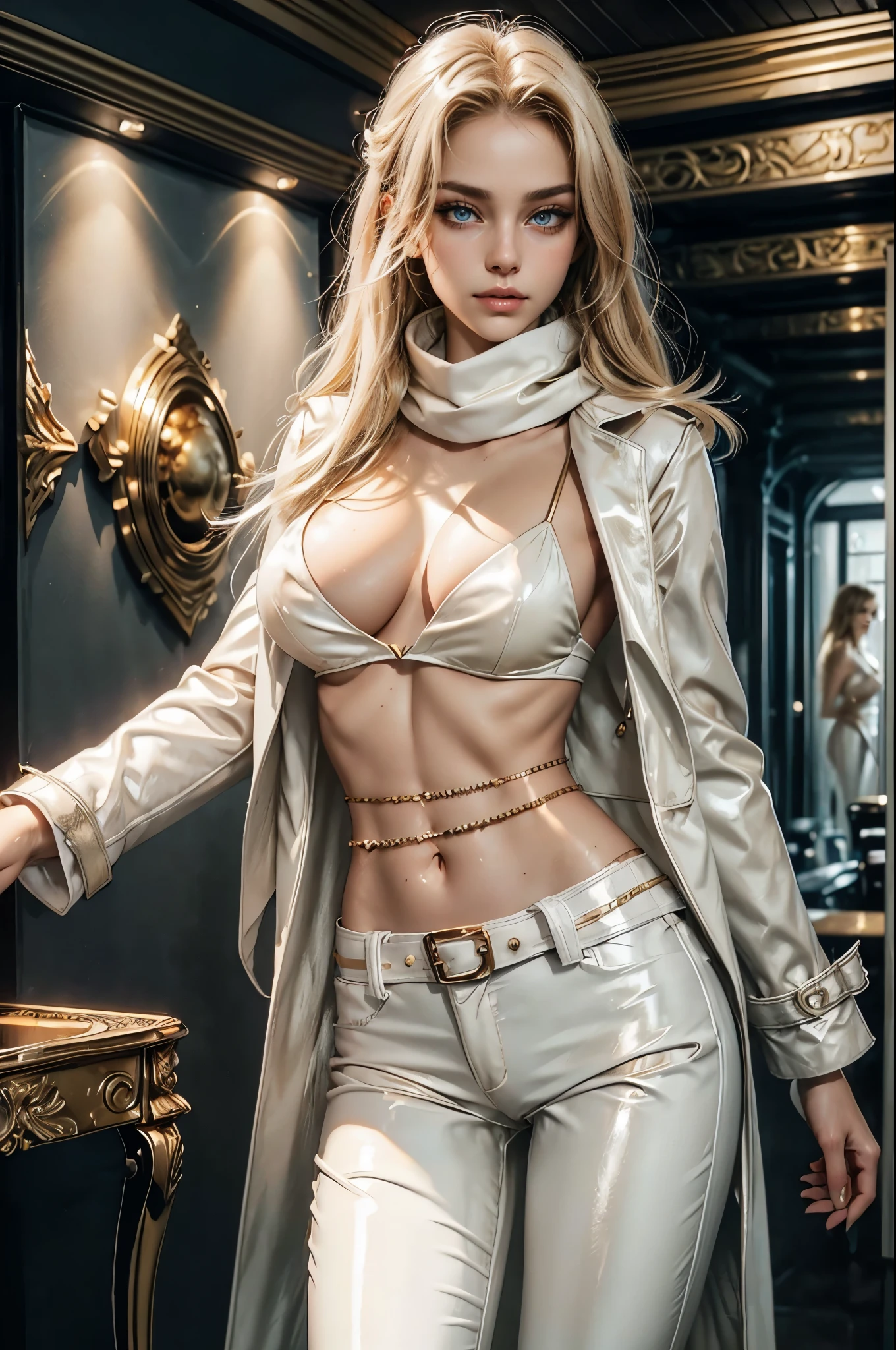 (Detailed illustrations, Very detailed and detailed drawing, Delicate lines with slow and rapid, Realistic texture expression), One woman with wild long golden blond hair, alluring smile, sexy, (indoor apartment background), lore_Emma , blue eyes , dark eyeliner, gorgeous face , super cute, 18 years old , hyper detailed face, dark eyeliner, (super skinny figure), tall, (large breast, thin waist), slim legs, slim hips, fit, super high quality leather, (white ultra low rise wet look shiny vinyl pants), LowriseXL, ((tight white wet look shiny vinyl long slimming trenchcoat and golden fur trim)), ((slim trenchcoat)), (gold fur cuffs), (golden shiny vinyl bra), ((white leather belt)), gold belt buckle, (((white silk neck scarf))), (bare midriff), (exposed abdomen), (bare chest), sexy abs, ((cleavage)), ((cocky pose)), ((sexy)), (((two golden bellychains)))