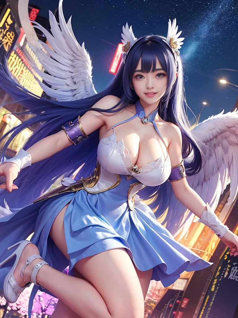 Wide Wide Shot,(highest quality,masterpiece:1.2),(Cyborg Man々), Colored Hair,(She has a pair of huge feathered wings behind her shoulders),money,Perfect balance,(彼女のmoney属製の機械的な手足),(footwear),slim,光沢のあるmoney属、Bright colors,The lighting is dramatic., Creates depth and three-dimensional effect、Cleavage、smile、Future City、Night view、Gorgeous dress