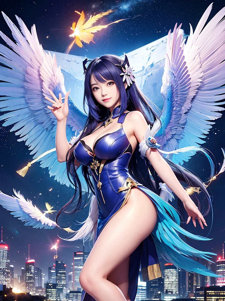 Wide Wide Shot，(highest quality,masterpiece:1.2),(Cyborg Man々), Colored Hair，(She has a pair of huge feathered wings behind her shoulders),money,Perfect balance,(彼女のmoney属製の機械的な手足),(footwear),slim,光沢のあるmoney属、Bright colors,The lighting is dramatic., Creates depth and three-dimensional effect、Cleavage、smile、Future City、Night view、Gorgeous dress