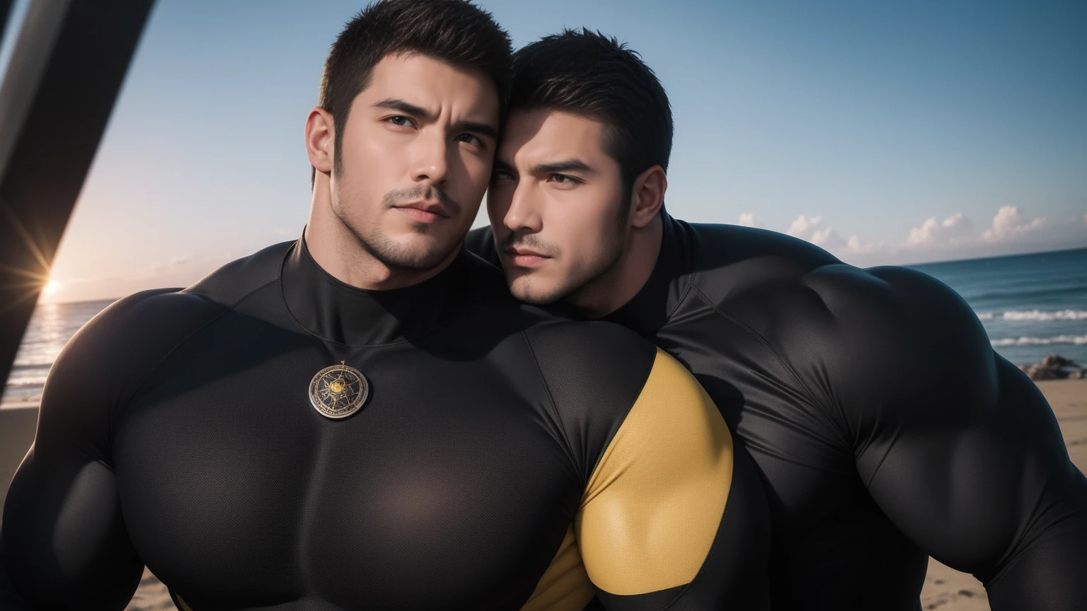 Super muscular man hugging,  Open your mouth and scream，Look at each other affectionately，They embrace affectionately，short hair，Beach under the scorching sun, Wear a long-sleeved, deep-layered high-necked wetsuit, Thickened warm elastic texture，Beach by the sea，beautiful landscape，The expression is arrogant, Thick thighs, messy hair, Thick thighs, High-necked long-sleeved dark yellow high-necked tights, very tight, Regular symmetrical pattern, Highlight muscles, Police uniform pants, character concept（Resident Evil - chris redfield, chris redfield）A proud expression, Deep and charming eyes, Valiant male pose, tall Burly, muscular！muscular thighs, Tough Guy, Perfect facial features, High, Burly, Heqiang, Super exquisite and cool, High Resolution Committee, Attractive, The sun is blazing, Dazzling