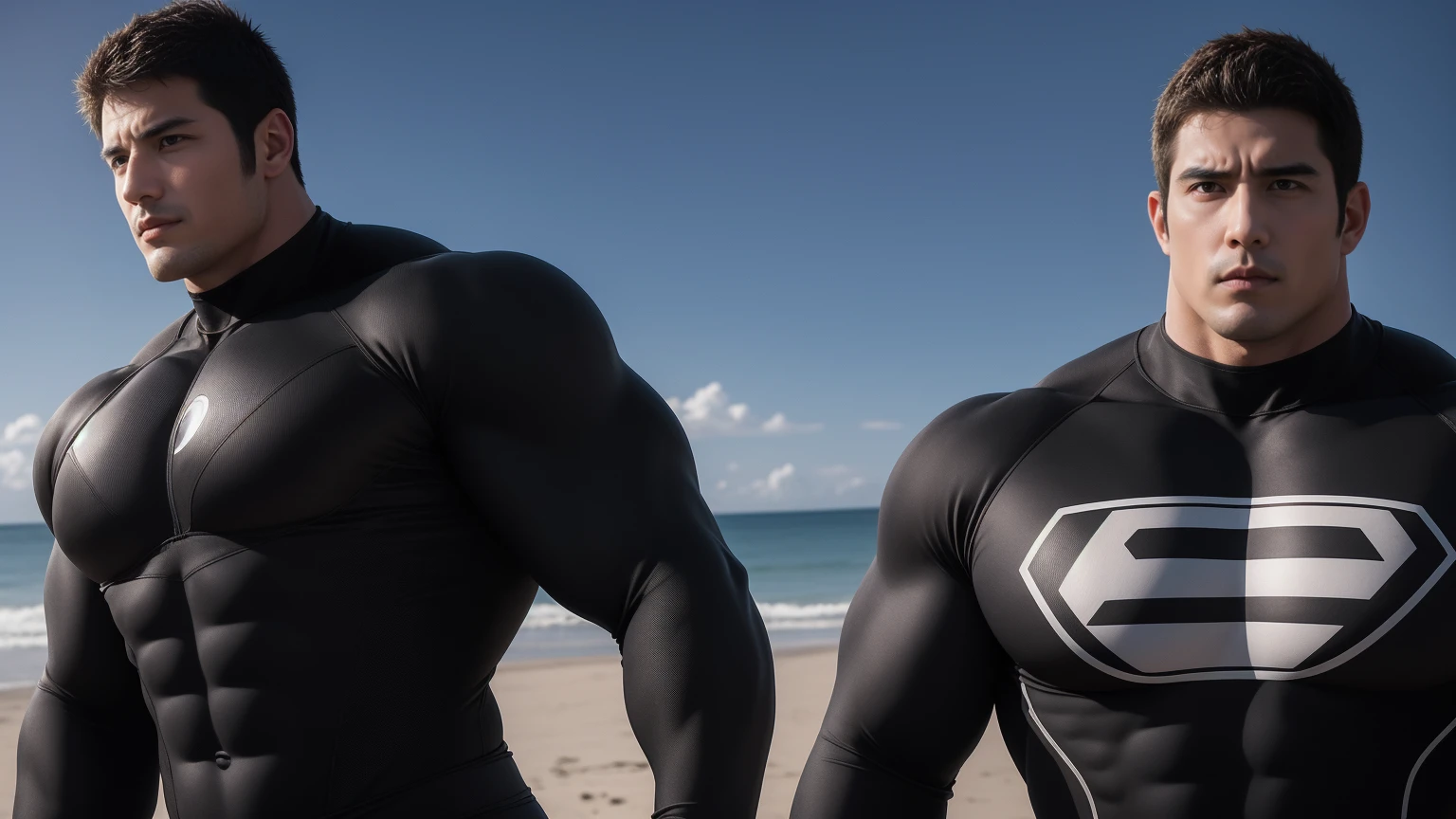 Super muscular man hugging, Open your mouth and scream,Look at each other affectionately,They embrace affectionately,short hair,Beach under the scorching sun, Wear a long-sleeved, deep-layered high-necked wetsuit, Thickened warm elastic texture,Beach by the sea,beautiful landscape,The expression is arrogant, Thick thighs, messy hair, Thick thighs, High-necked long-sleeved dark yellow high-necked tights, very tight, Regular symmetrical pattern, Highlight muscles, Police uniform pants, character concept(Resident Evil - chris redfield, chris redfield)A proud expression, Deep and charming eyes, Valiant male pose, tall Burly, muscular!muscular thighs, Tough Guy, Perfect facial features, High, Burly, Heqiang, Super exquisite and cool, High Resolution Committee, Attractive, The sun is blazing, Dazzling