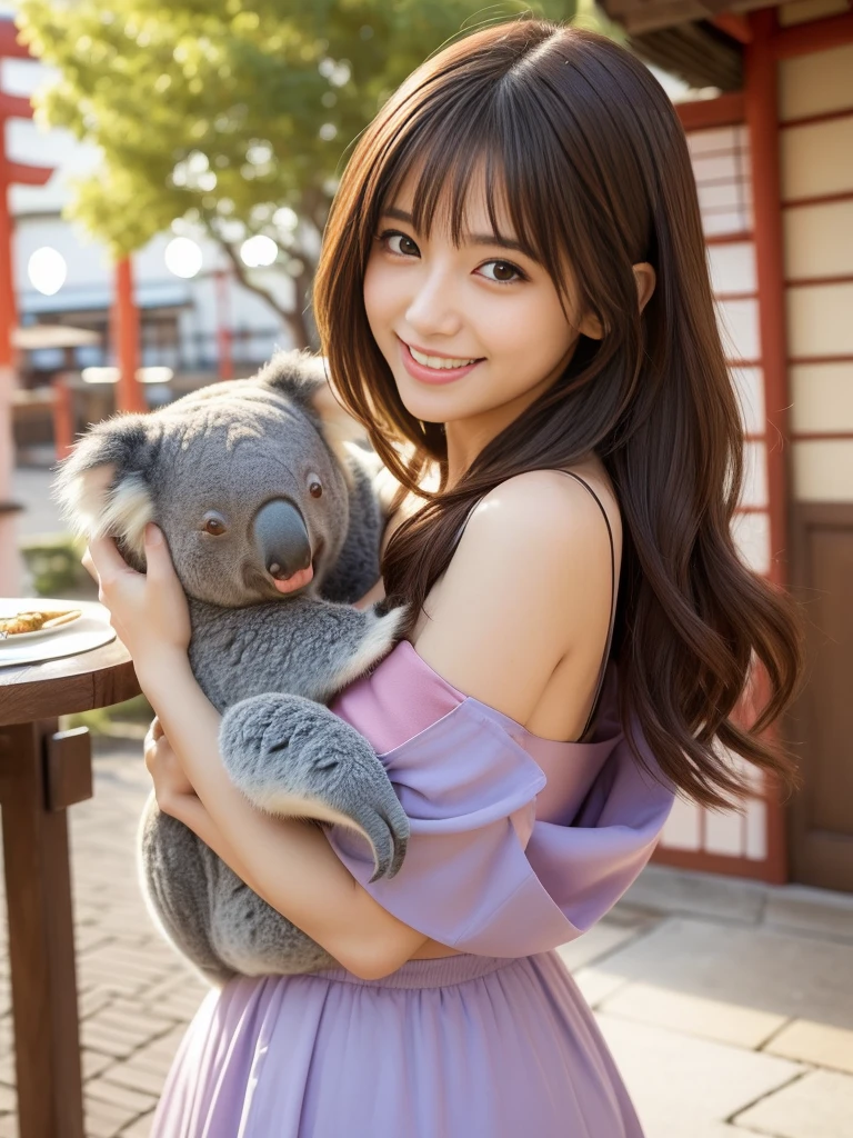 (art by:Super sexy and super cute Japanese Adult Cute:1.5), Daytime in autumn , 1 persons , Cute woman showing her teeth and smiling, Hair color is brown , Hair is semi-long length to the shoulders, Bikini、Super big、sexual excitement、Outside a medieval European-style café , tea parties、(A girl hugging a cute koala bear)、cute little、Cute 、Dolce、fluffly、Dolce、Pale shades