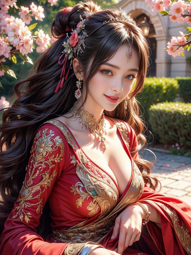 1girl, standing in a vibrant garden, cherry blossoms blooming everywhere, girl with big smile on her face, wearing a stunning red dress, flower crown on her head, beautiful detailed eyes, beautiful detailed lips, extremely detailed face and eyes, long eyelashes, anime style long hair with sparkly highlights, (best quality,4k,8k,highres,masterpiece:1.2),ultra-detailed,(realistic,photorealistic,photo-realistic:1.37),vibrant colors,intricate details,soft warm lighting,stunning,elegant,captivating,full-body shot,Full breasts