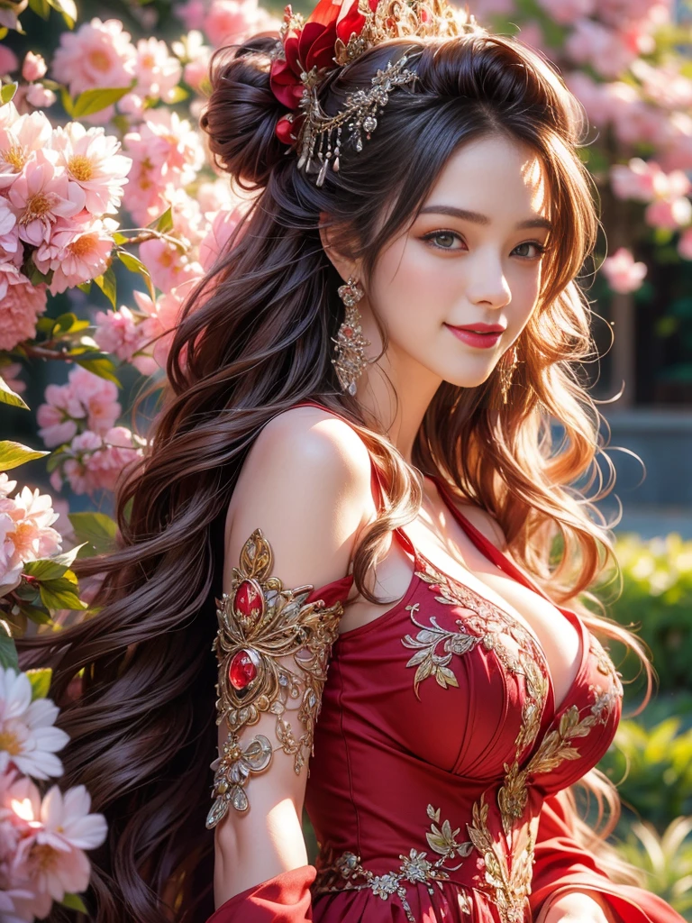 1girl, standing in a vibrant garden, cherry blossoms blooming everywhere, girl with big smile on her face, wearing a stunning red dress, flower crown on her head, beautiful detailed eyes, beautiful detailed lips, extremely detailed face and eyes, long eyelashes, anime style long hair with sparkly highlights, (best quality,4k,8k,highres,masterpiece:1.2),ultra-detailed,(realistic,photorealistic,photo-realistic:1.37),vibrant colors,intricate details,soft warm lighting,stunning,elegant,captivating,full-body shot,Full breasts