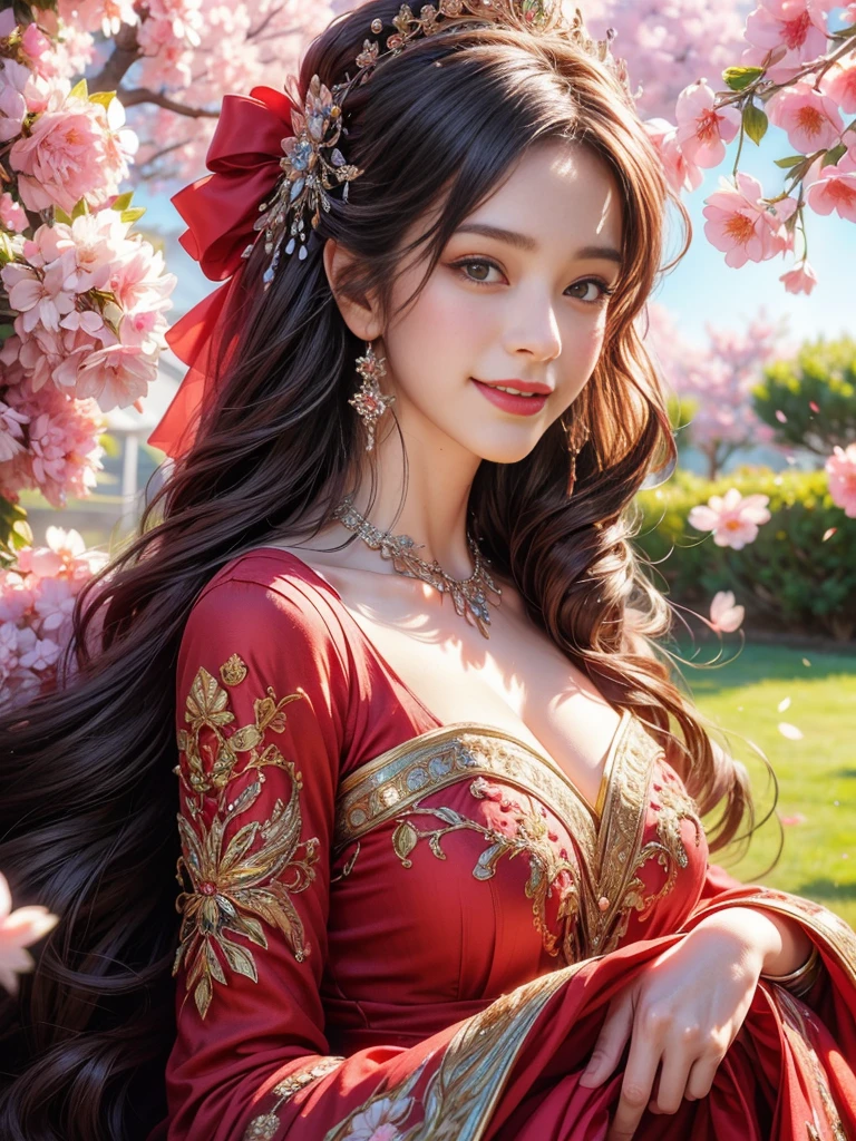 1girl, standing in a vibrant garden, cherry blossoms blooming everywhere, girl with big smile on her face, wearing a stunning red dress, flower crown on her head, beautiful detailed eyes, beautiful detailed lips, extremely detailed face and eyes, long eyelashes, anime style long hair with sparkly highlights, (best quality,4k,8k,highres,masterpiece:1.2),ultra-detailed,(realistic,photorealistic,photo-realistic:1.37),vibrant colors,intricate details,soft warm lighting,stunning,elegant,captivating,full-body shot,Full breasts