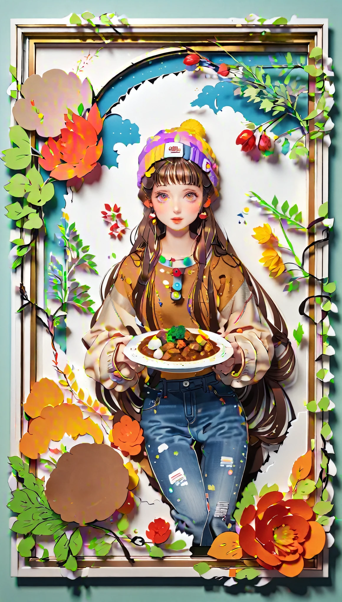 (((paper cutting style))), (frame of illustration is 3D paper cutting: 1.2), (colorful), 1 girl, brown long hair, curry long hair, knit cap, denim, shirts, lunch