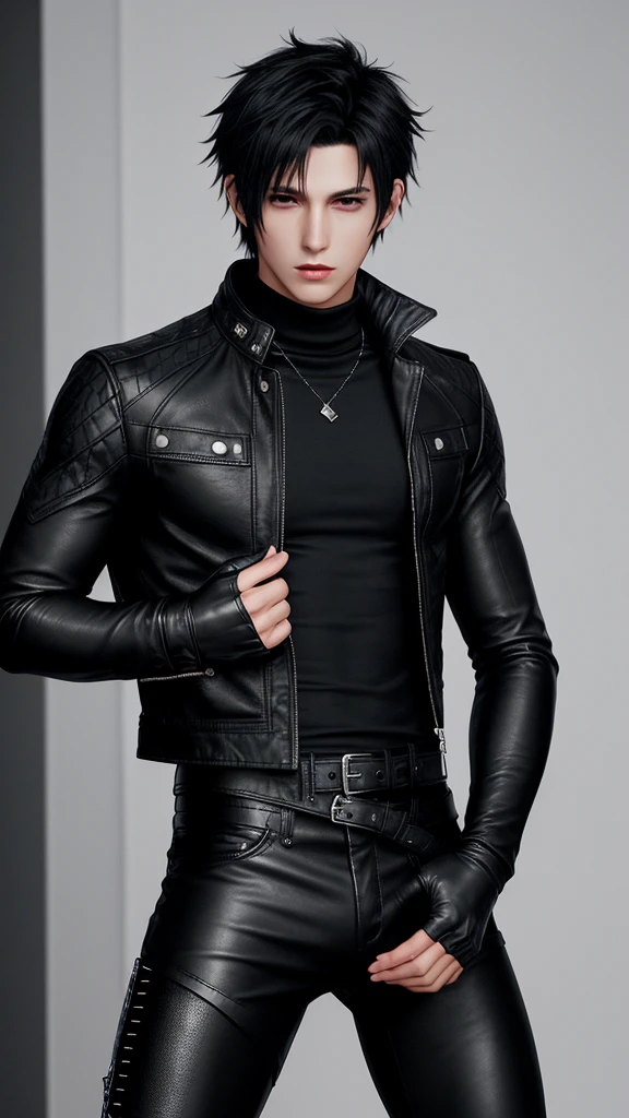Final fantasy taste and reality graphics, Japanese young cute and cool ikemen boy, his age is early 20s, thin eyebrows and beady eyes, he wearing off white color leather thick singlebrest biker jacket, with epaulet, jacket zipped up, jacket is biker style, , jacket collar is high length stand-up collar with belts, jacket is a little black line pattern, also wearing black thick turtleneck lackluster shirts, tight black leather pants, shiny black leather tight and thin glove, black leather knee-high raceup boots,views head-to-toe,views whole body, boy looks like fashion model,Do not show skin from the neck down,leather jacket leather glove and leather pants have few wrinkles,boy in the room,