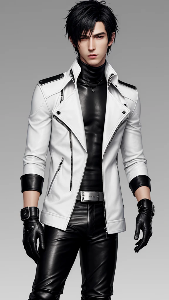 Final fantasy taste and reality graphics, Japanese young cute and cool ikemen boy, his age is early 20s, thin eyebrows and beady eyes, he wearing off white color leather thick singlebrest biker jacket, with epaulet, jacket zipped up, jacket is biker style, , jacket collar is high length stand-up collar with belts, jacket is a little black line pattern, also wearing black thick turtleneck lackluster shirts, tight black leather pants, shiny black leather tight and thin glove, black leather knee-high raceup boots,views head-to-toe,views whole body, boy looks like fashion model,Do not show skin from the neck down,leather jacket leather glove and leather pants have few wrinkles,boy in the room,