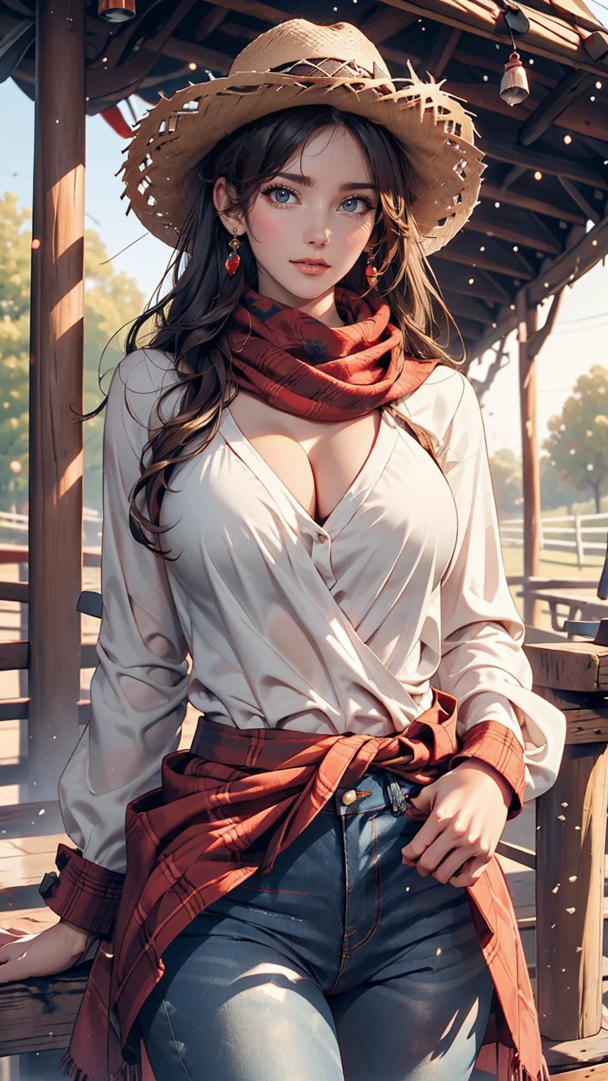 24 year old Caucasian female、Sexy proportions、Narrow waist、slender、Cowgirl、Wrap a red scarf around your neck、wear skinny jeans、Wear a checked long-sleeved shirt、On a ranch in the Midwest、Dairy Cow Background、Wearing a cowboy hat、Exploring the ranch on your beloved horse
