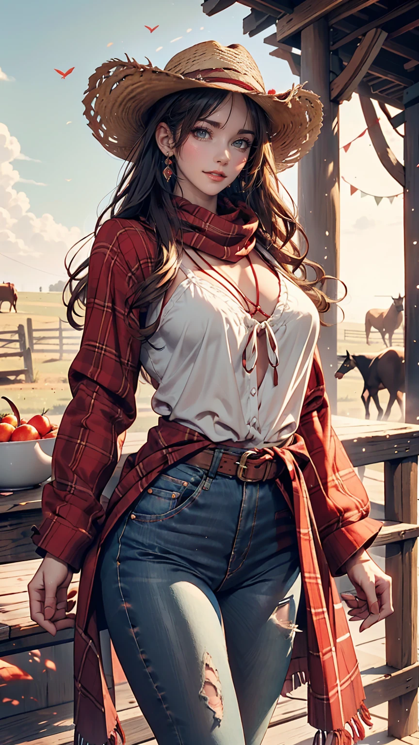24 year old Caucasian female、Sexy proportions、Narrow waist、slender、Cowgirl、Wrap a red scarf around your neck、wear skinny jeans、Wear a checked long-sleeved shirt、On a ranch in the Midwest、Dairy Cow Background、Wearing a cowboy hat、Exploring the ranch on your beloved horse