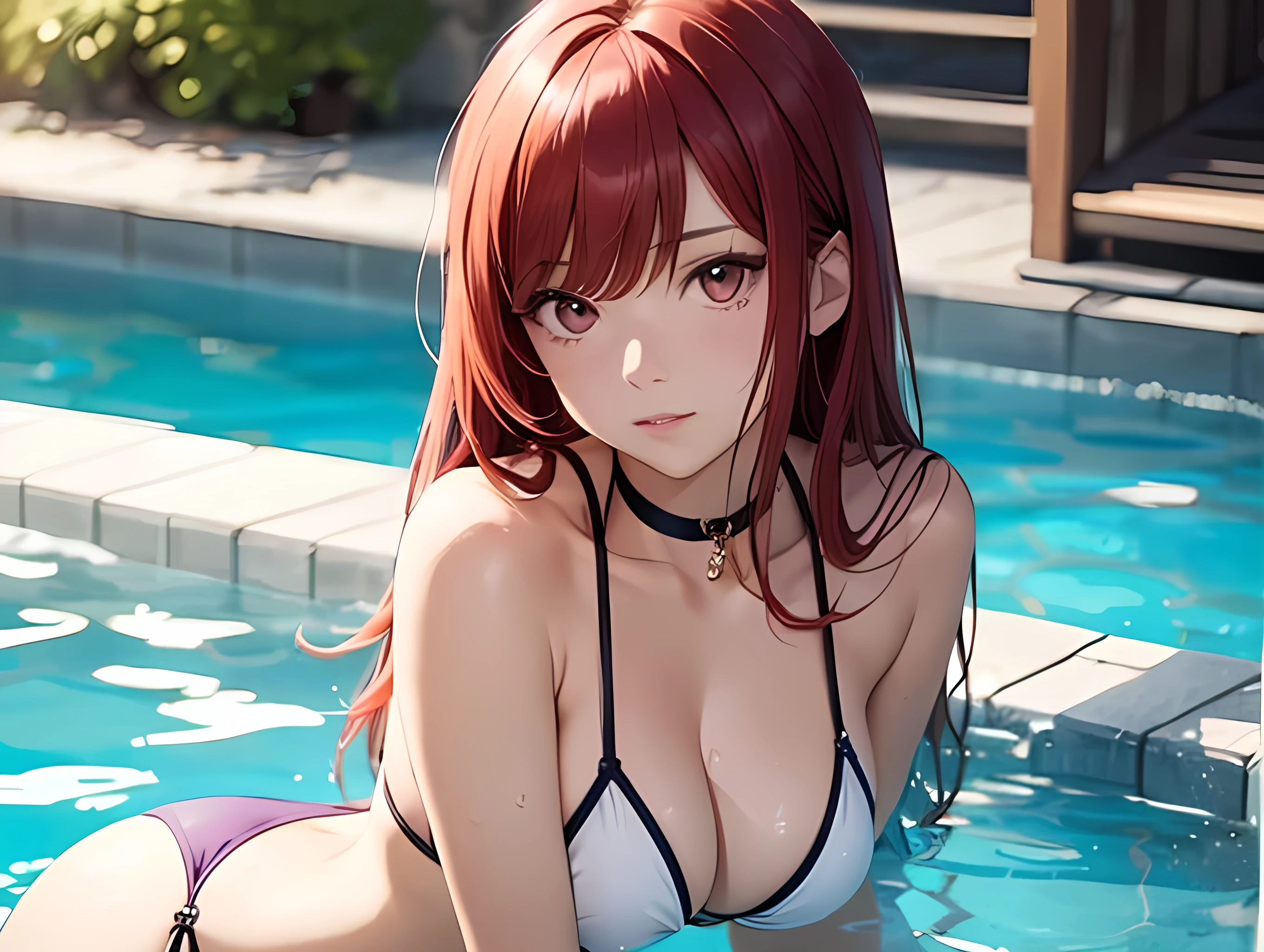 beautiful young woman, anime style, detailed face, red hair, hair down, large eyes, pink eyes, delicate features, soft lighting, wearing a choker, wearing a bikini, by the pool, water reflections, relaxed posture, sunny day, detailed background, Japanese anime style, hand-drawn, high quality, highly detailed, 8k resolution, cinematic lighting, best quality, vibrant colors, showing cleavage, close-up view